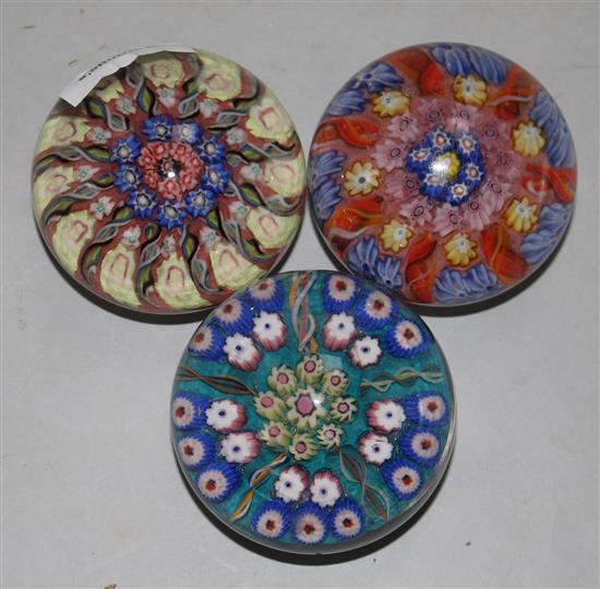 Three 1960s Vasart millefiori glass paperweights